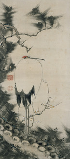 掛軸　伊藤若冲筆　水墨画　鶴図　紙本　二重箱　G　R7656B 掛軸 伊藤若冲筆 水墨画 鶴図 紙本 二重箱 G R7656Bの通販 by