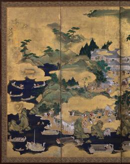 押し絵の屏風　　首降り三年様 押し絵の屏風 首降り三年様 山水図押絵貼屏風 文化遺産オンライン