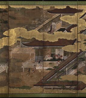 茶道具　栗野芳葉作　色絵　源氏物語絵巻図　羽子板小皿　五客　共箱　V　7784 4曲源氏物語絵巻屛風 24hx11(1辺)cm / ことよりモール