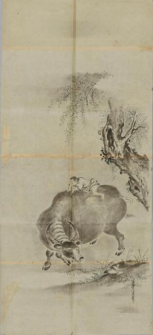 真作/邨松雲外/桃下牛牧童図/桐共箱に重箱付/布袋屋掛軸HG-794 真作/邨