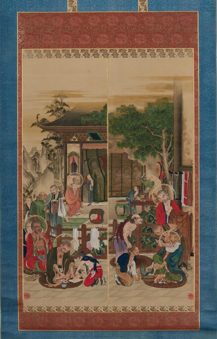 陳良敏 五百羅漢図 巻物 掛け軸 仏画 中国美術 絹布表装 246×30cm 陳良敏 五百羅漢図 巻物 掛け軸 仏画 中国美術 絹布表装 246×30cm