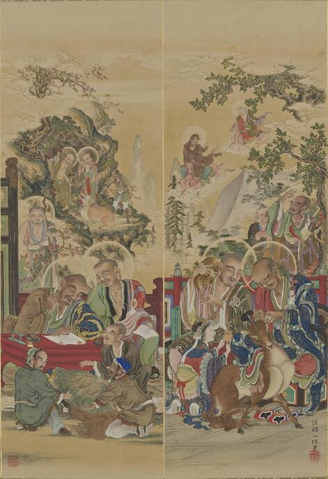 陳良敏 五百羅漢図 巻物 掛け軸 仏画 中国美術 絹布表装 246×30cm ColBase