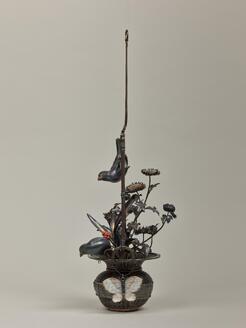 古銅 竹節 釣 花生香炉 全長41.5cm 旧家蔵出 古銅 葛屋 香炉 高15.5cm(K-A327)