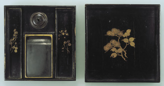 硯箱椿紋貝象嵌究果作