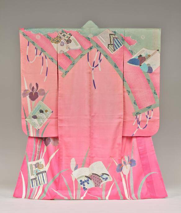 単衣振袖 淡紅絽地御簾に冊子杜若模様 | Cultural Japan