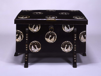 必見！画像10枚！木製 厚盛漆器 螺鈿入り 鳳凰 茶器入れ 茶櫃 木製