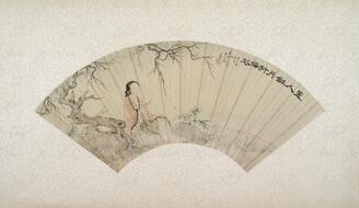 【真作】掛軸　扇面和歌図　詩情漂う墨画とかな書　風雅な一幅　S56 ColBase