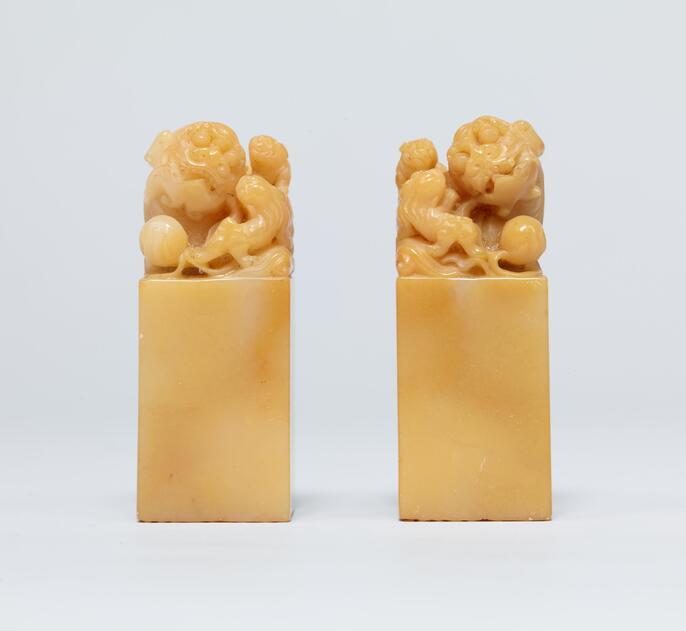 【希少】獅子鈕紅芙蓉橙石印材　印石　印材　中国　2個セット　箱入り ColBase