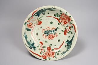 Dish, Peony and phoenix in overglaze enamel