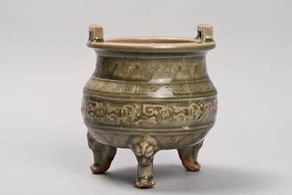Incense Burner, Celadon glaze with stamped arabesque design