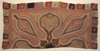 Fragment of Cashmere, With embroidery; paisley design on red ground